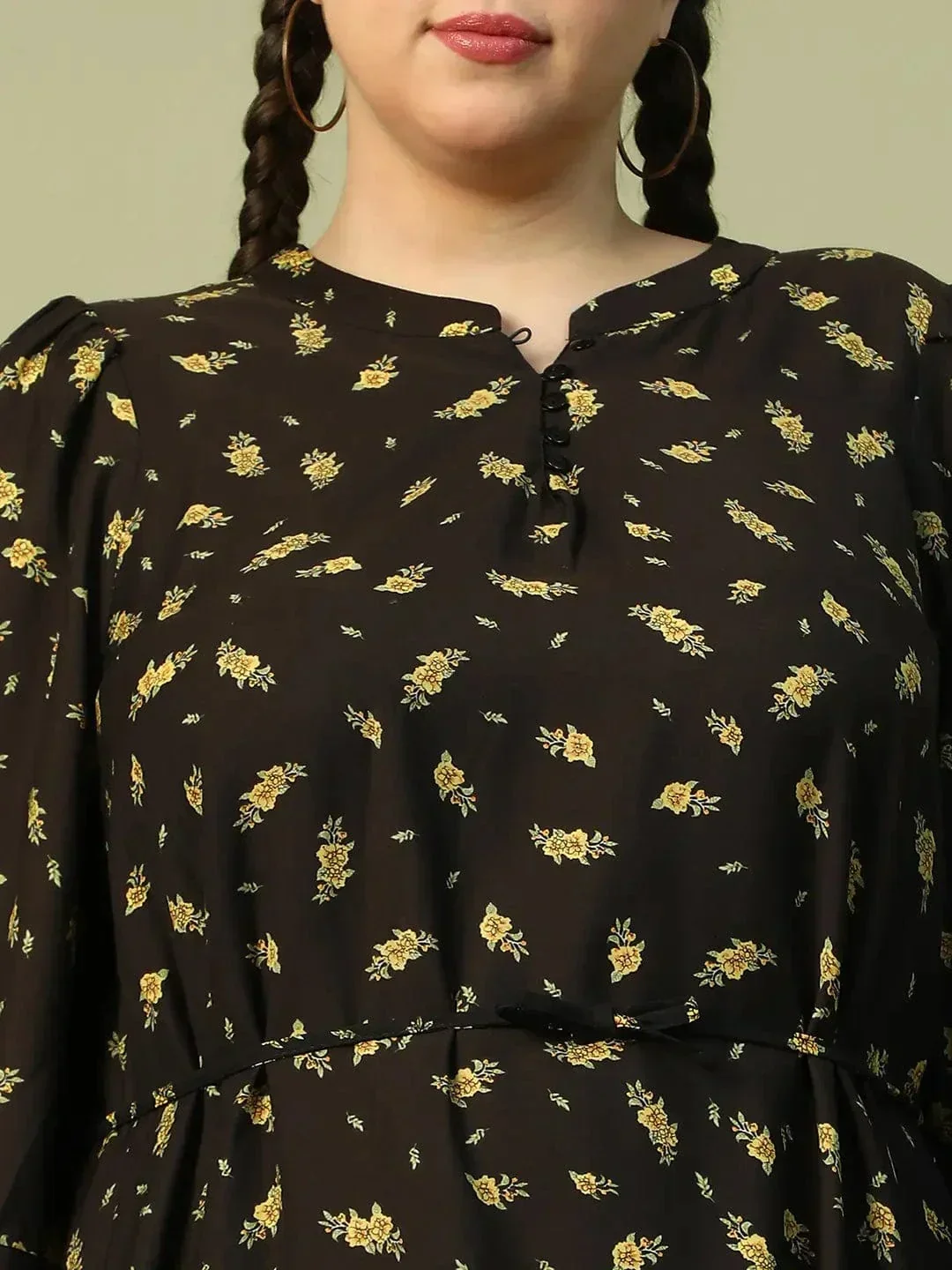Dapper Black Floral Print Long Sleeve  Women Plus Size Maxi Dress With Waist Tie-Up Belt - Image 6