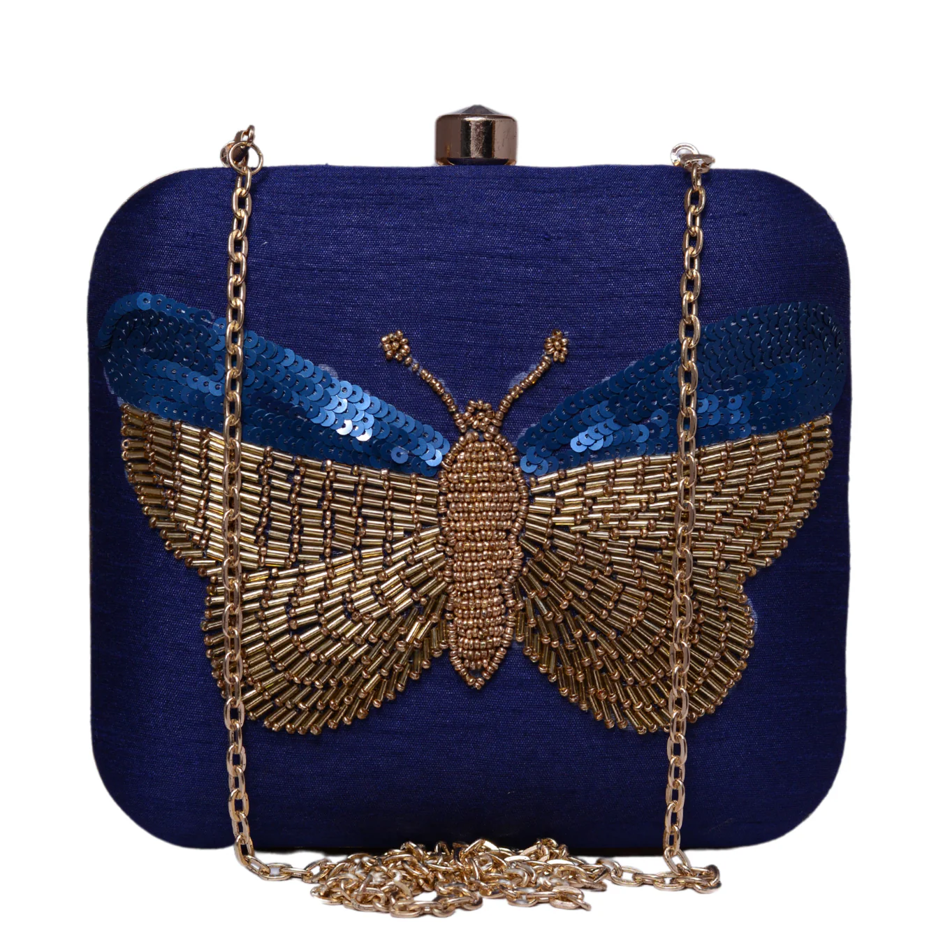 Dark Blue Embroidered Work Art Silk Clutch - Image 3
