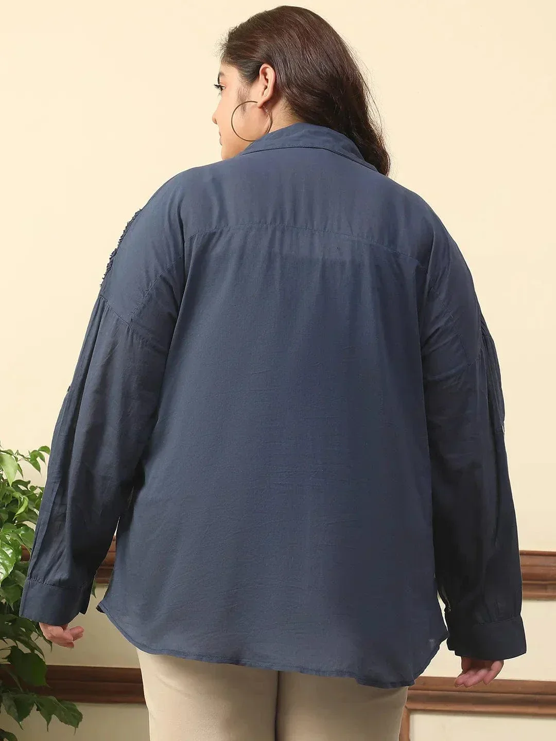 Dark Blue Long Sleeve Embroidered Button Down Plus Size Women Cotton Shirt - Image 5