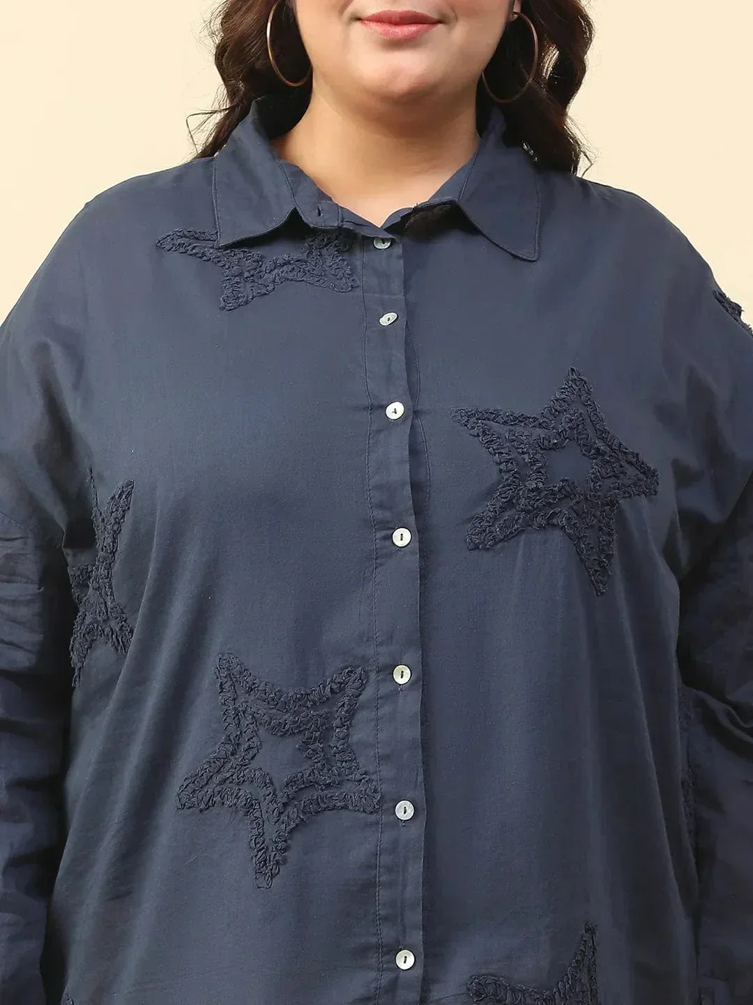 Dark Blue Long Sleeve Embroidered Button Down Plus Size Women Cotton Shirt - Image 6