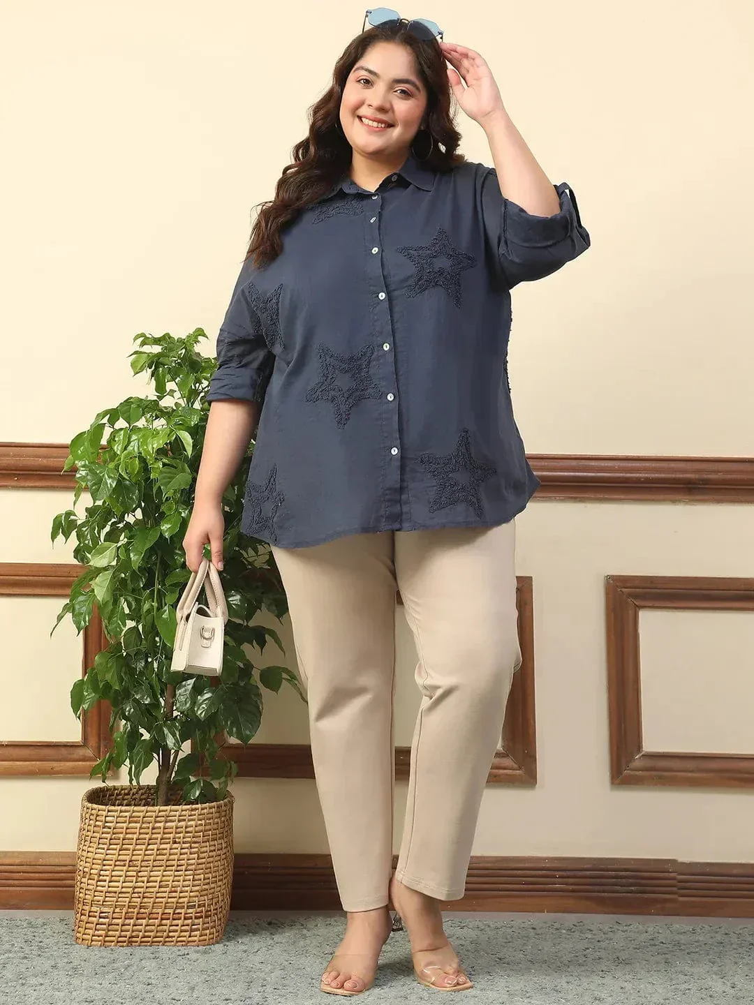 Dark Blue Long Sleeve Embroidered Button Down Plus Size Women Cotton Shirt - Image 8
