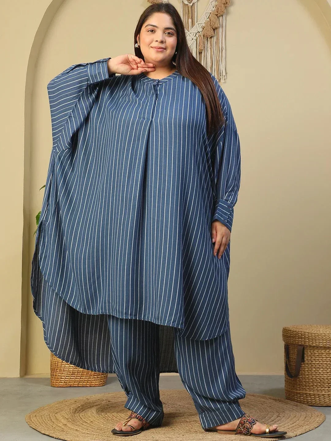 Dark Blue Stripe Print High Low Hem Tunic & Trouser Dobby Textured Plus Size Women Co-Ord Set - Image 2