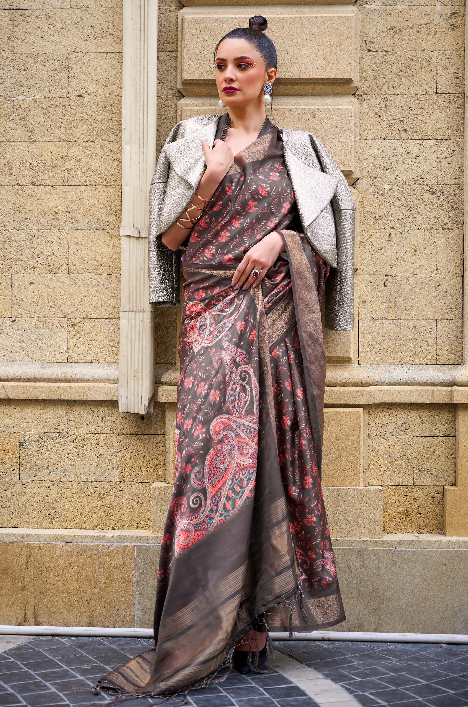 Dark Brown Fusion Gaji Silk Saree