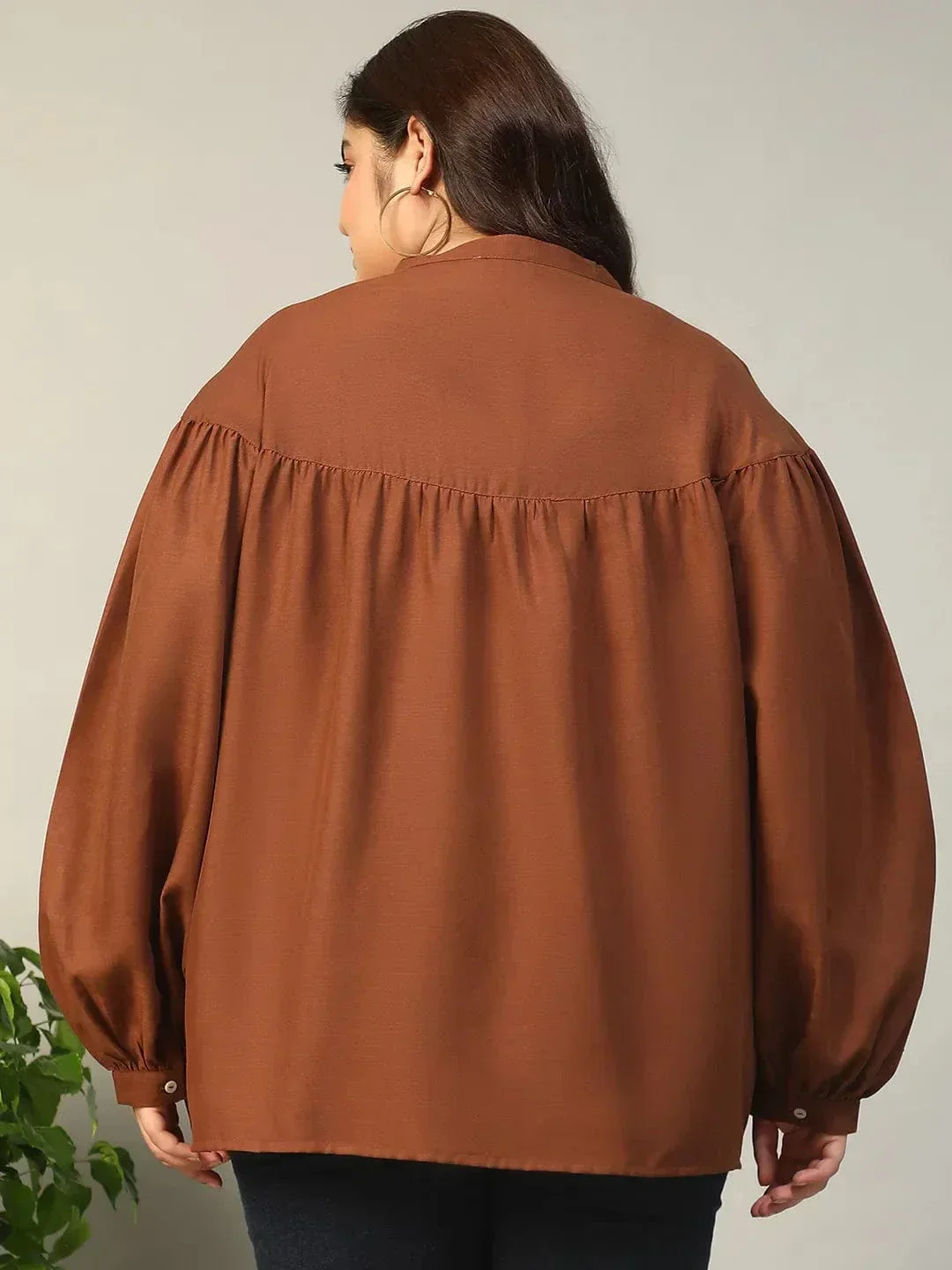Dark Brown Round Neck With Button Placket Long Lantern Sleeve Plus Size Women Top - Image 5