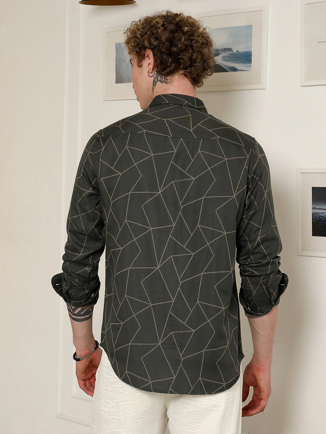 Dark Green Geometric Pattern Full Sleeve Shirt - Image 4
