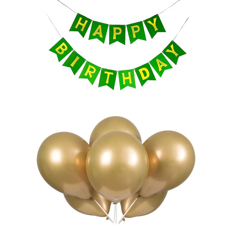 Dark Green Happy Birthday Banner And Gold Metallic Balloons
