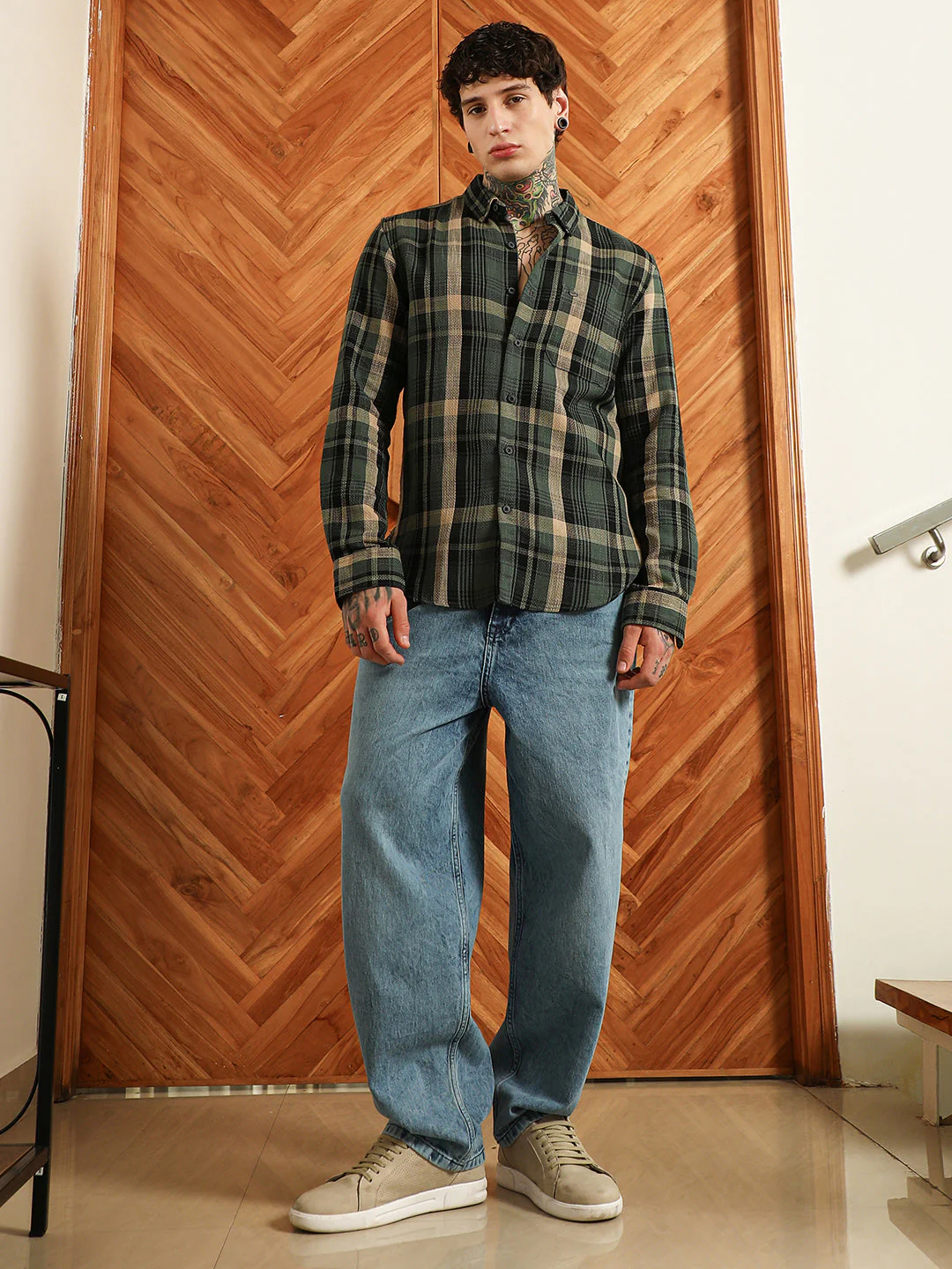 Dark Green Plaid Cotton Blend Full Sleeve Shirt - Image 5