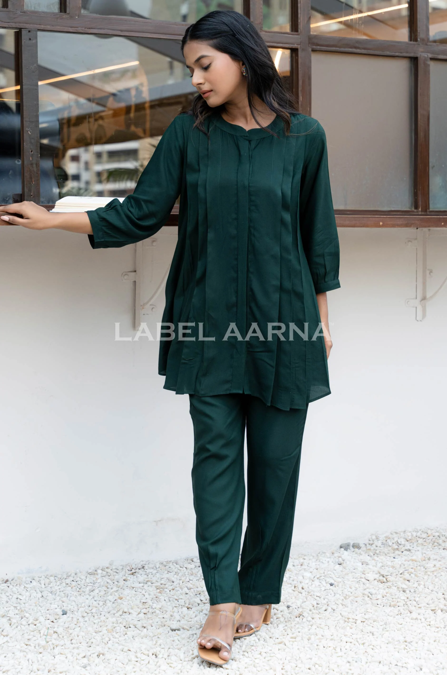 Dark Green Pleated Viscose Rayon Co-Ord Set