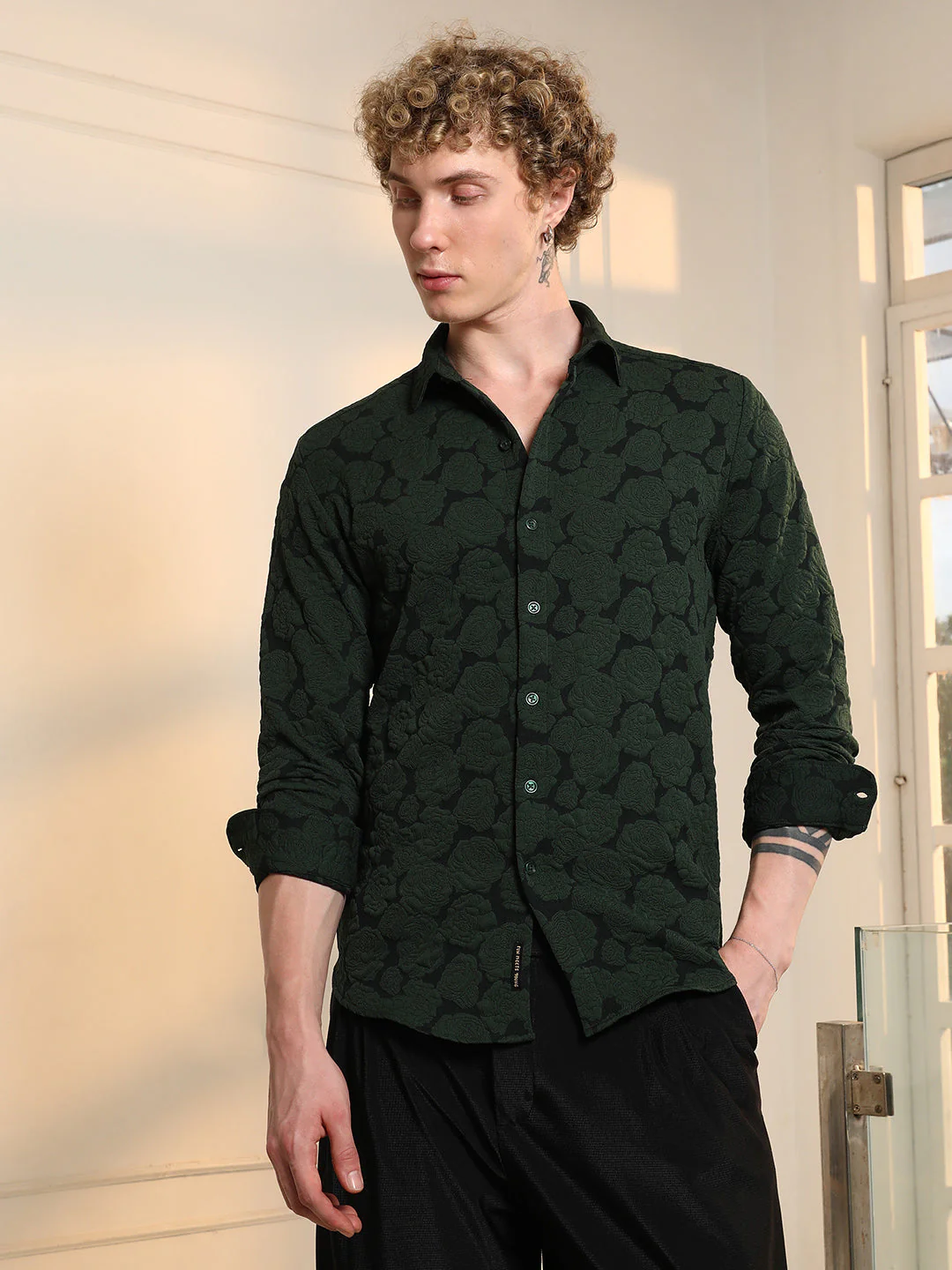Dark Green Textured Floral Cotton Blend Shirt - Image 3