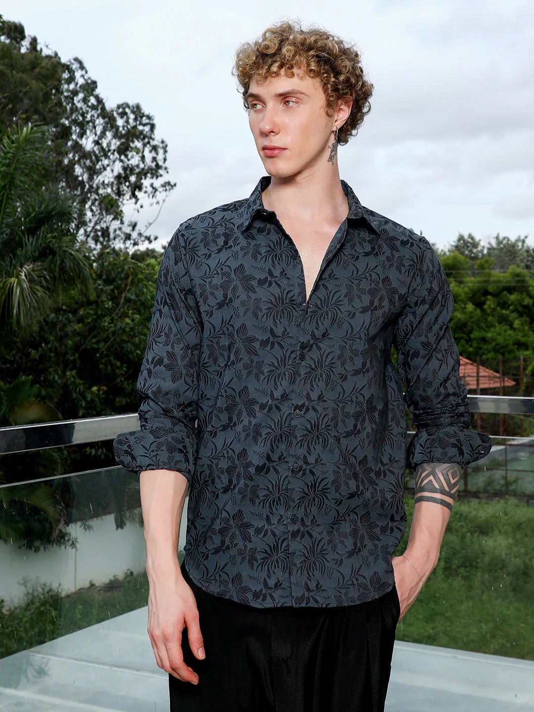Dark Grey Floral Pattern Slim Fit Shirt - Image 2
