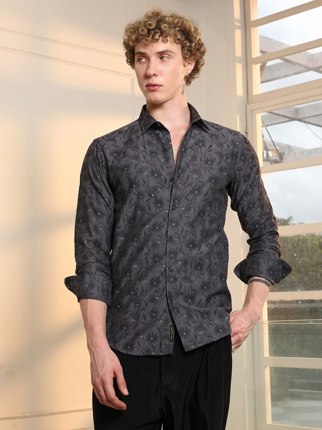Dark Grey Floral Self Design Slim Fit Shirt - Image 2