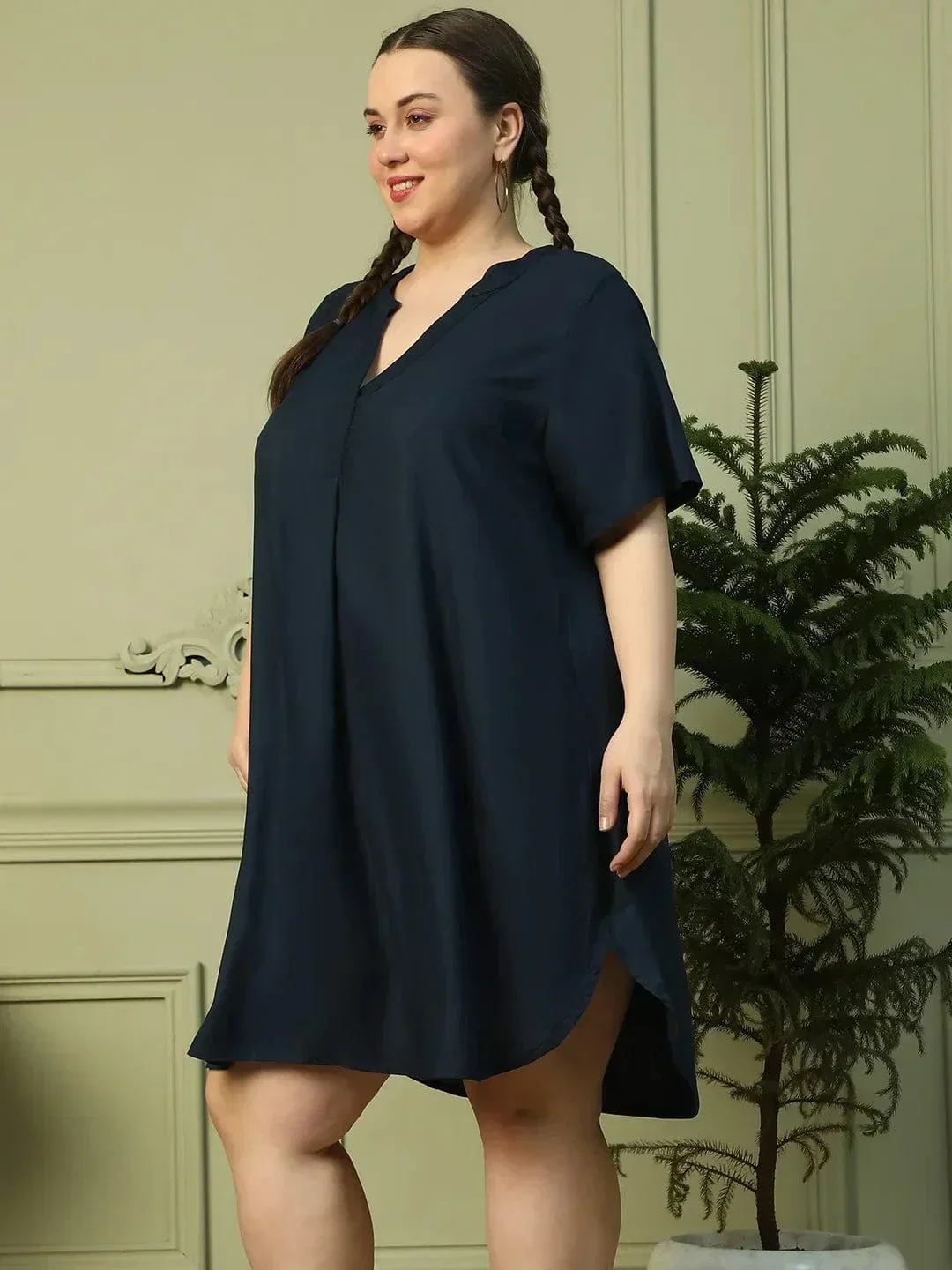 Dark Navy Blue Short Sleeve plus Size Women Dress - Image 4