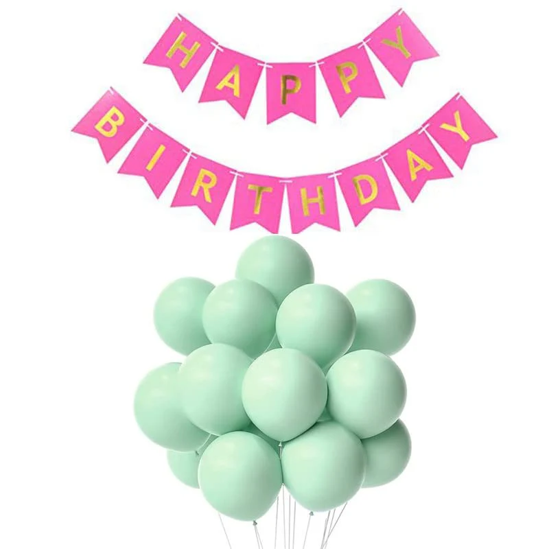 Dark Pink Happy Birthday Banner And Pastel Green Metallic Balloons