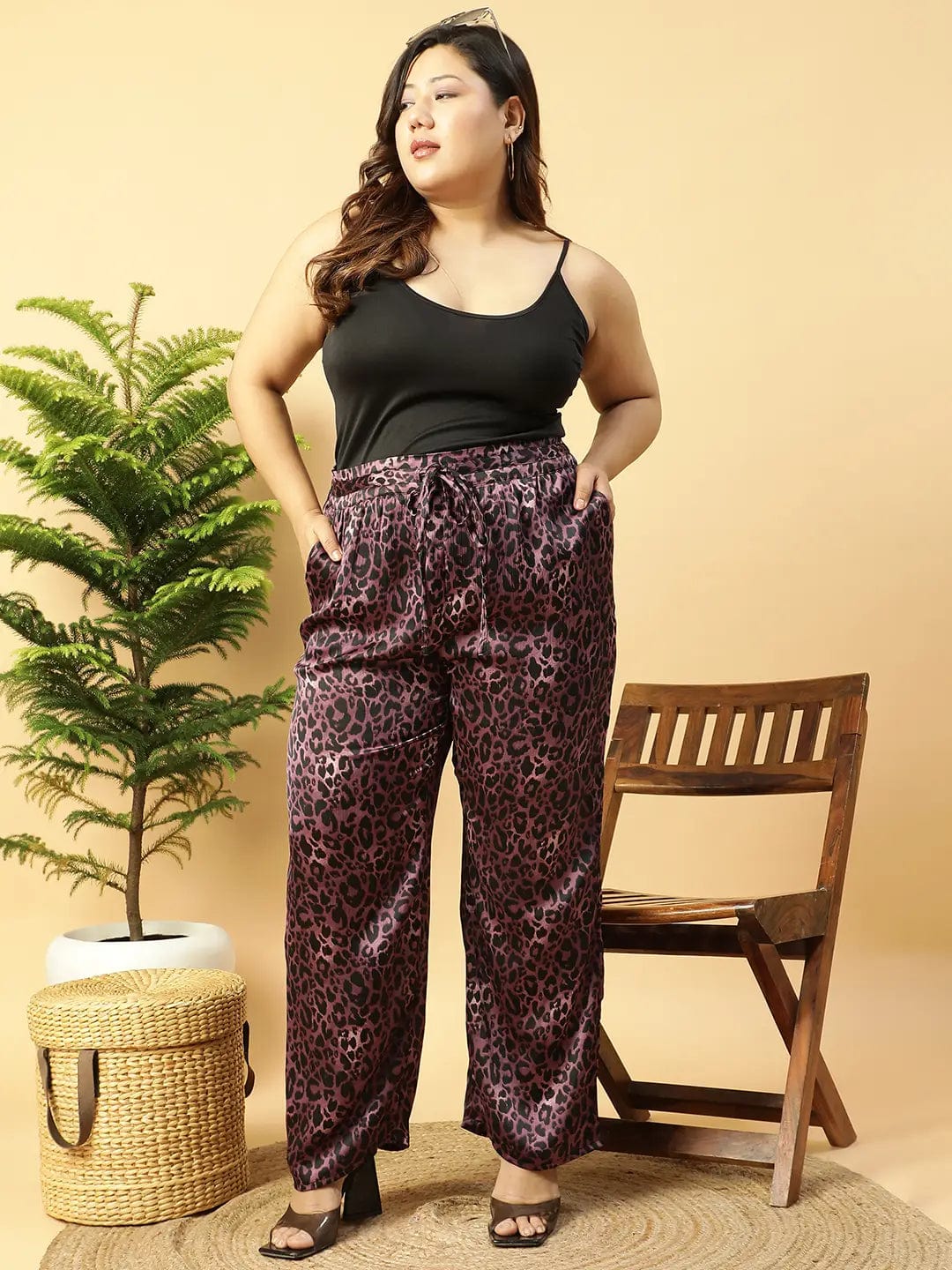 Dark Purple Animal satin Print Elasticated Plus Size Women Pant - Image 8