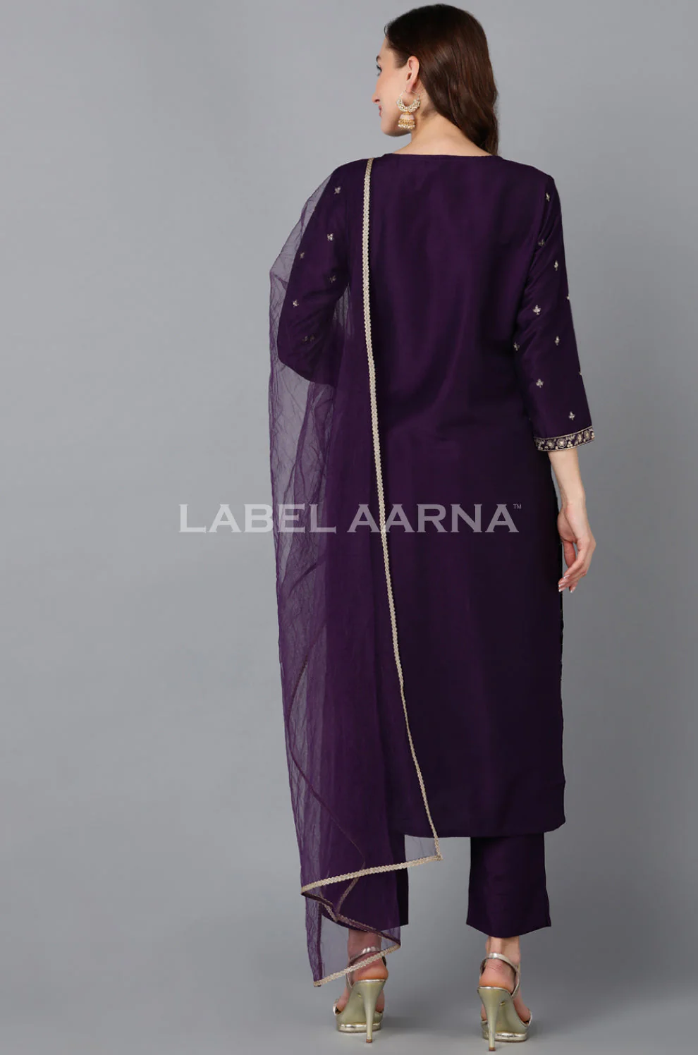 Dark Purple Embroidered Kurta Set With Net Dupatta - Image 2