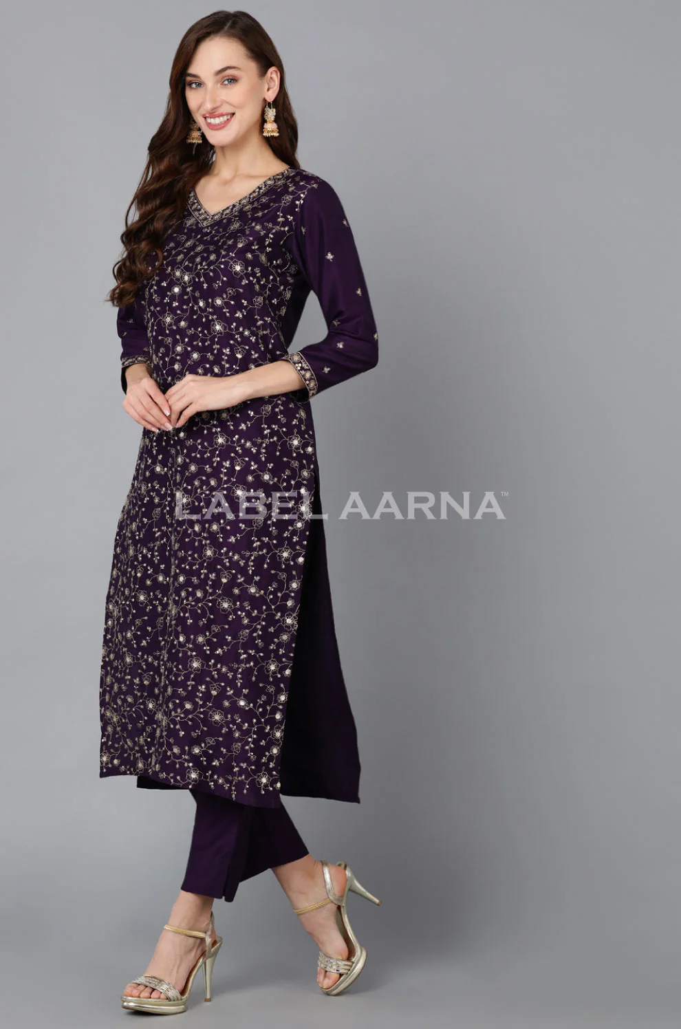 Dark Purple Embroidered Kurta Set With Net Dupatta - Image 4