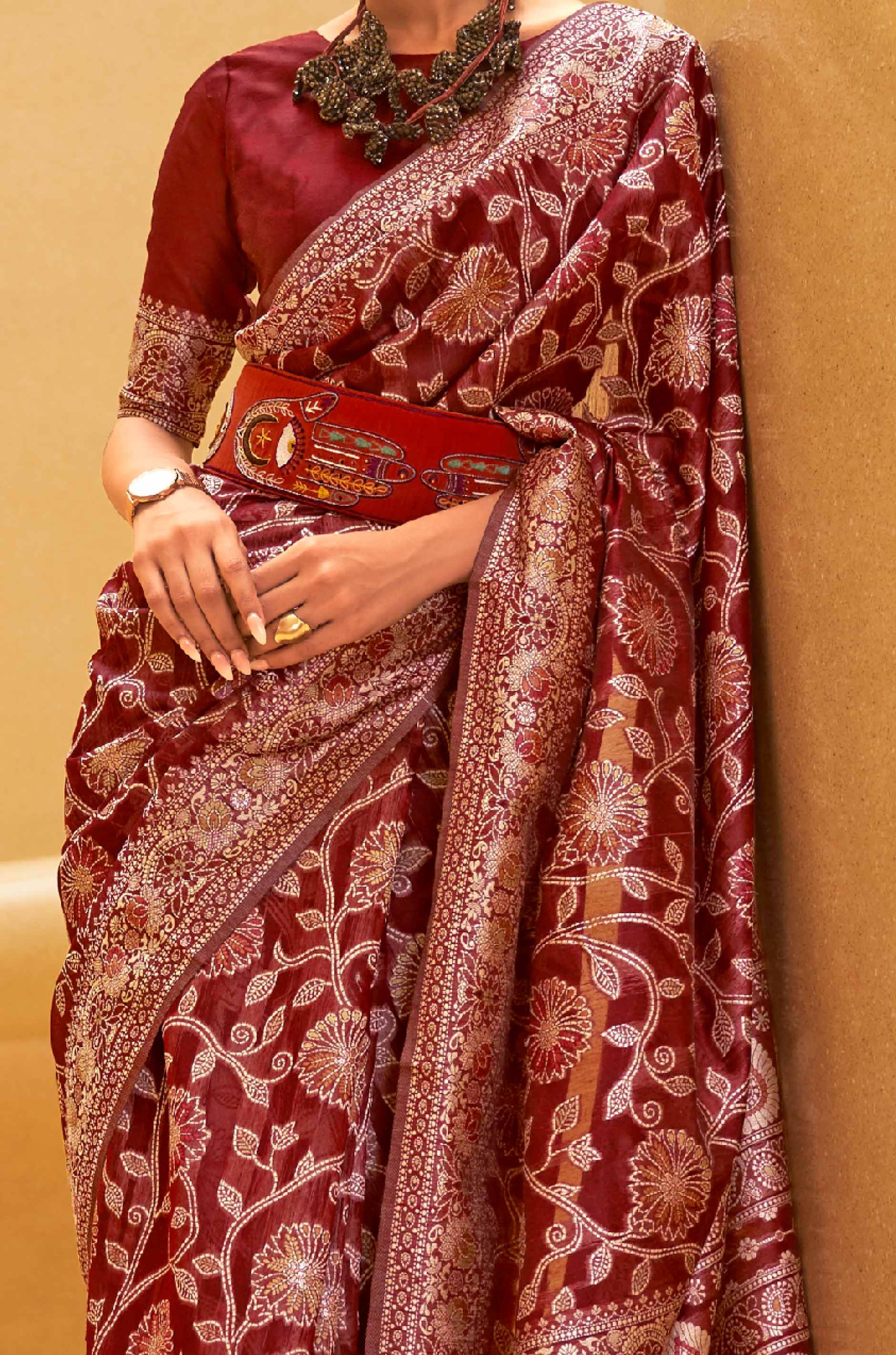 Dark Red Woven Chikankari Lucknowi Saree - Image 3