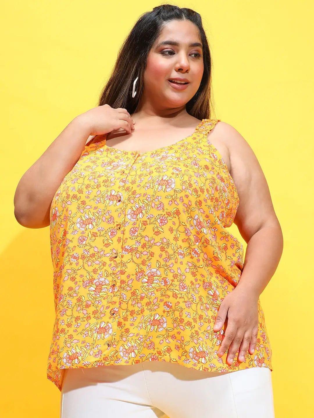 Dark Yellow Floral Print Sleeveless Button Down Plus Size Loopy Top - Image 2