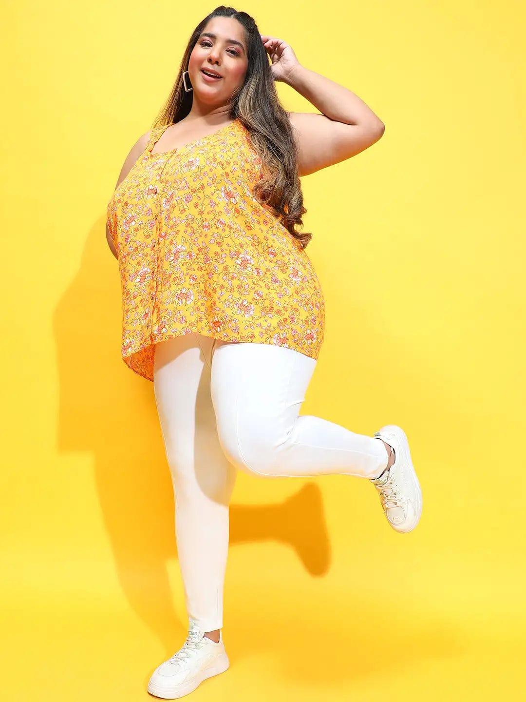 Dark Yellow Floral Print Sleeveless Button Down Plus Size Loopy Top - Image 6