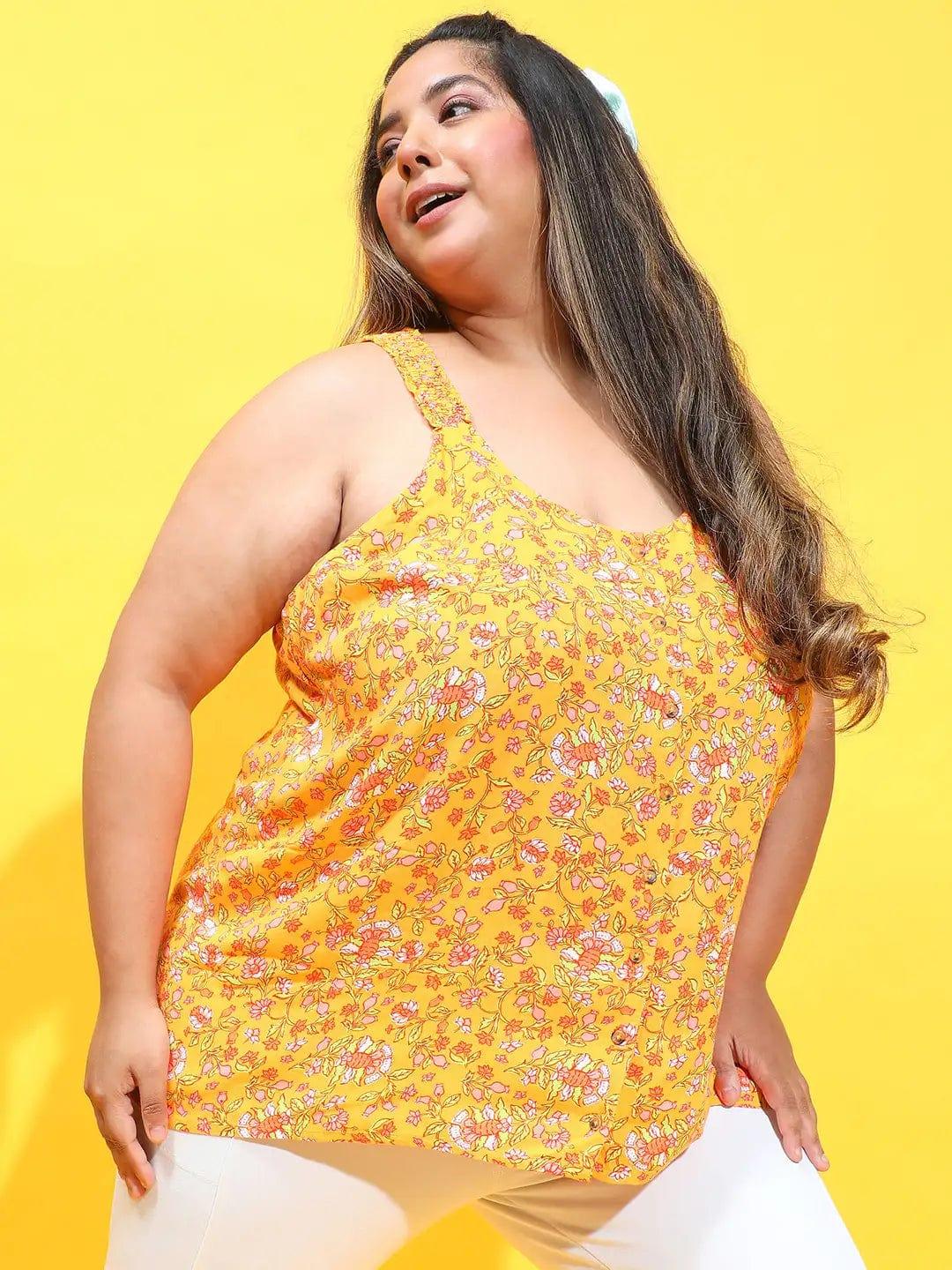 Dark Yellow Floral Print Sleeveless Button Down Plus Size Loopy Top - Image 7