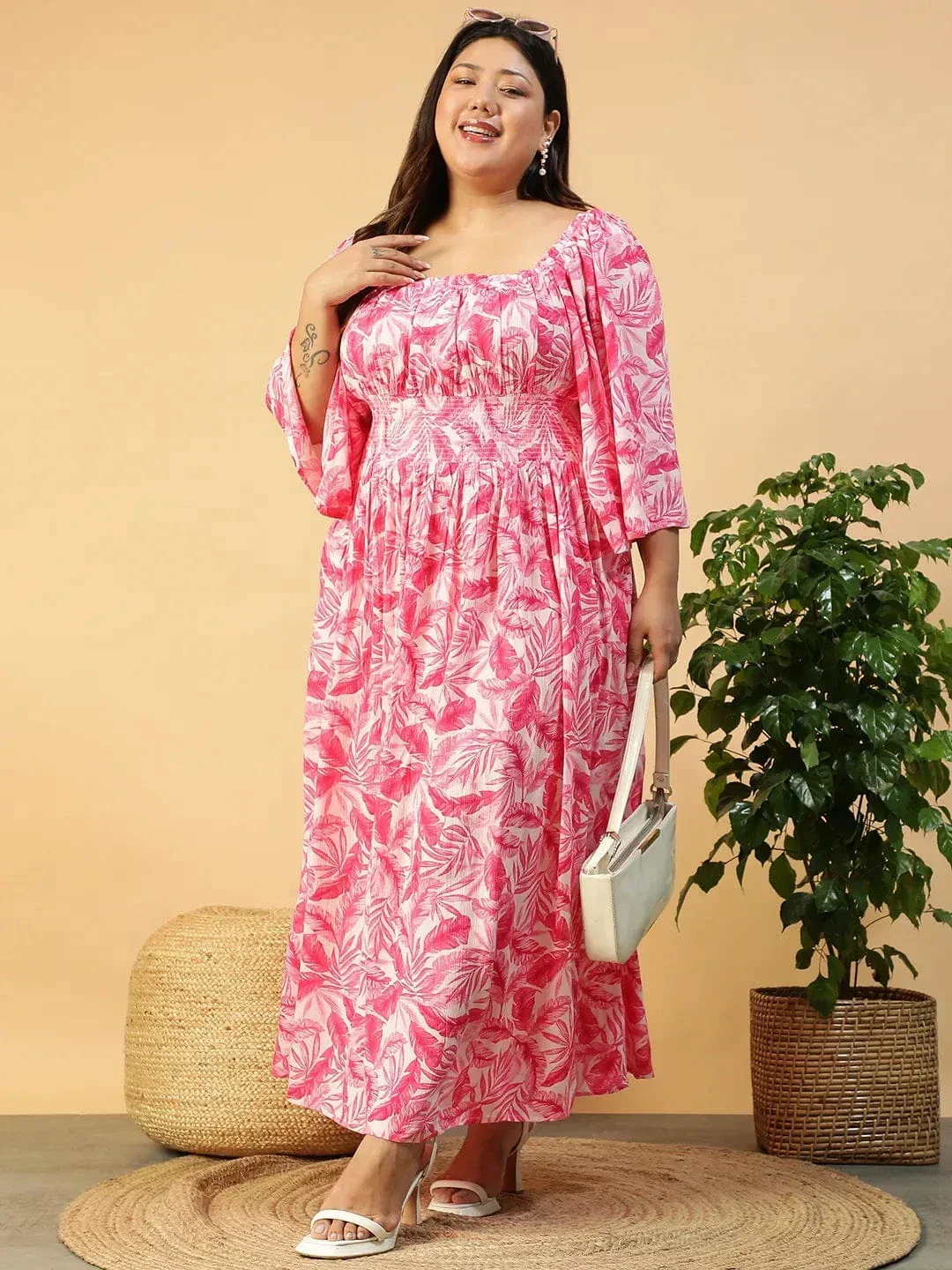 Dazed Pink Floral Print Long Sleeve Smocked Long Flare Plus Size Women Dress - Image 2