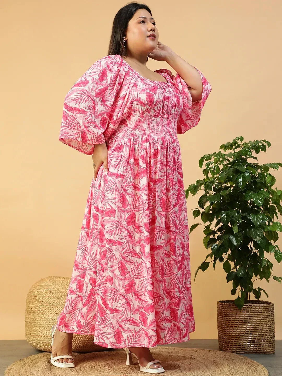 Dazed Pink Floral Print Long Sleeve Smocked Long Flare Plus Size Women Dress - Image 4