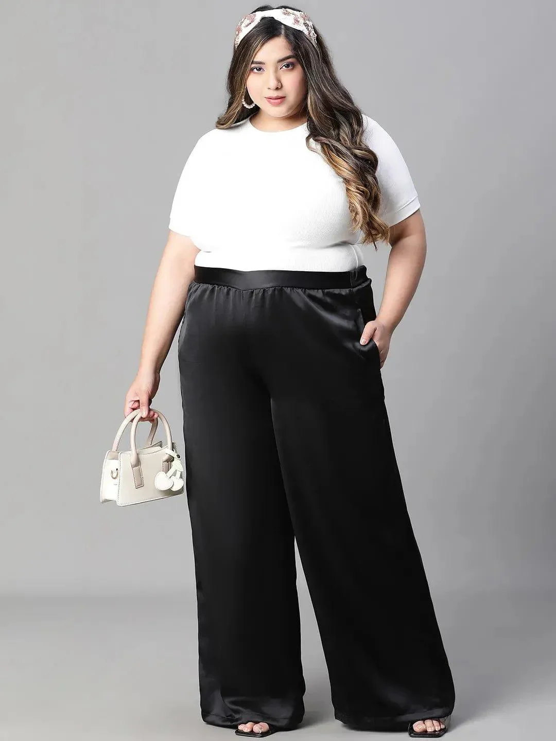 Dearly black elasticated plus size flare satin pant - Image 6