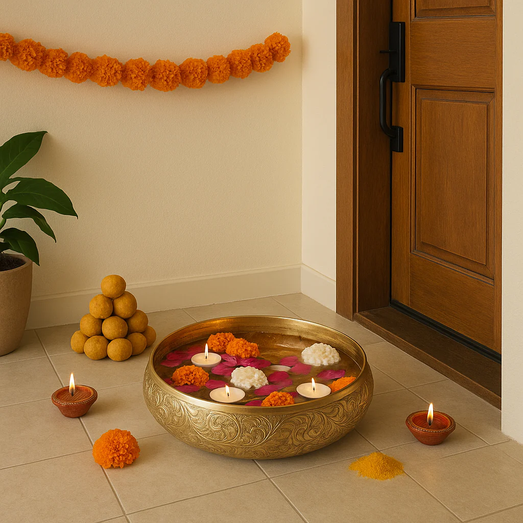 Decorative Brass Metal Urli Bowl with Floating Candles & Flowers - Image 5