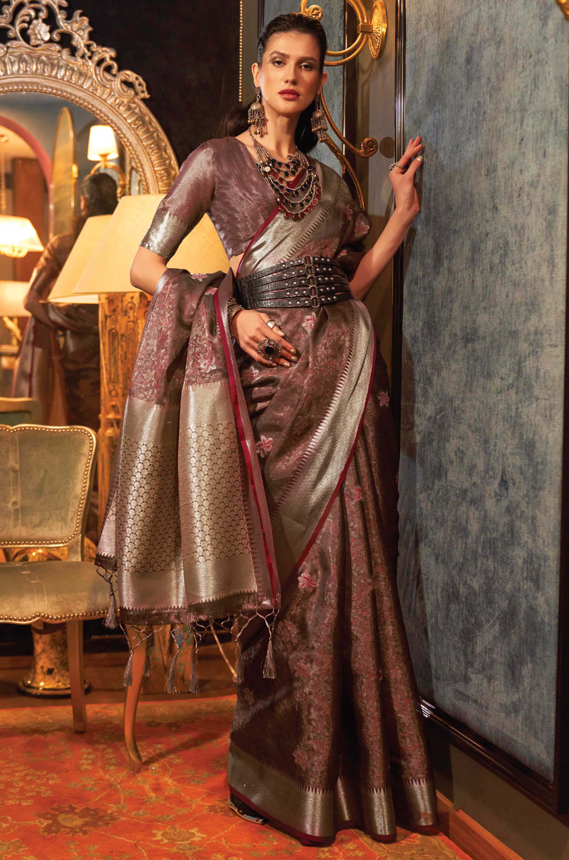 Deep Brown Floral Two Tone Woven Organza Saree