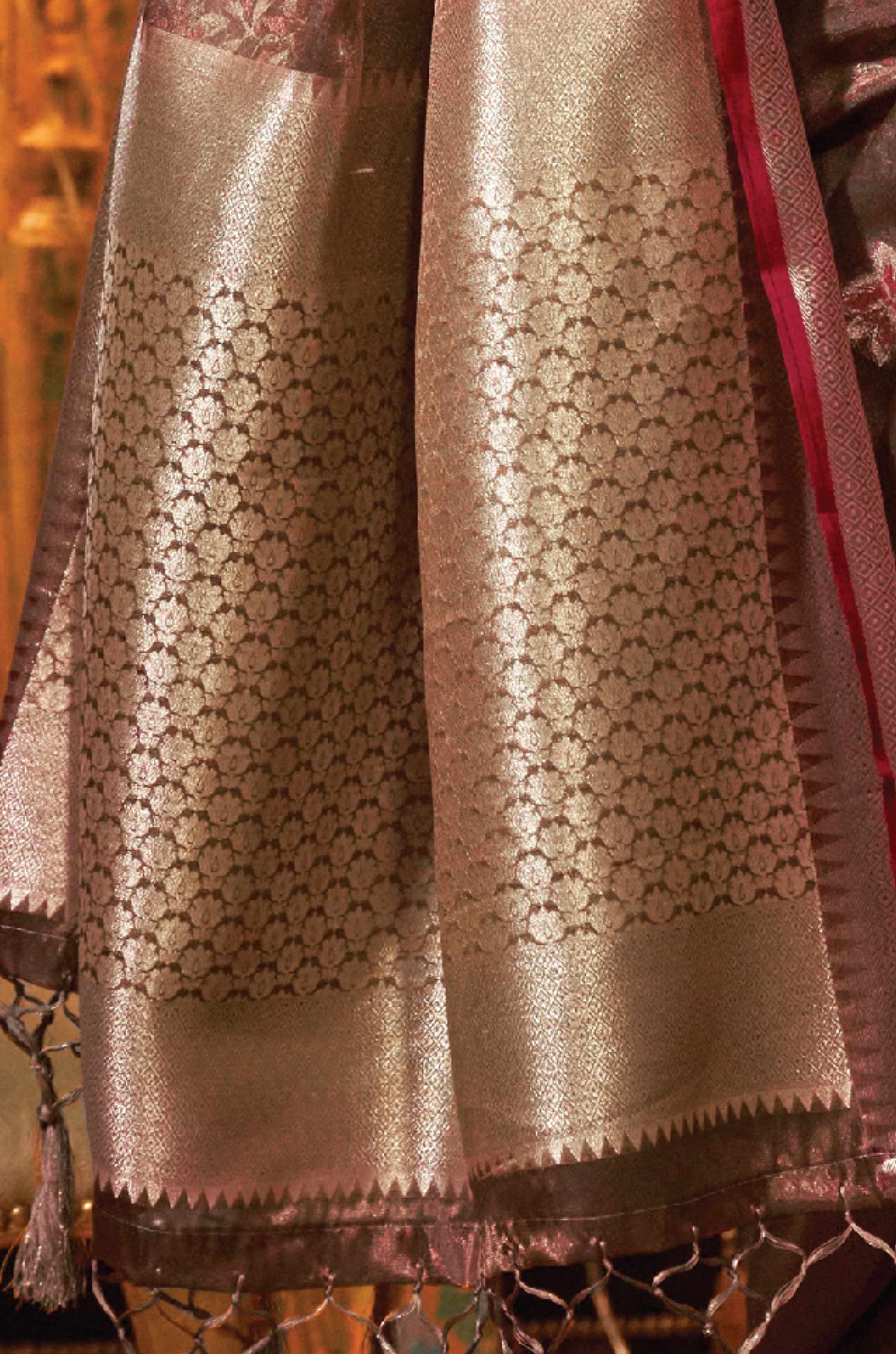 Deep Brown Floral Two Tone Woven Organza Saree - Image 2
