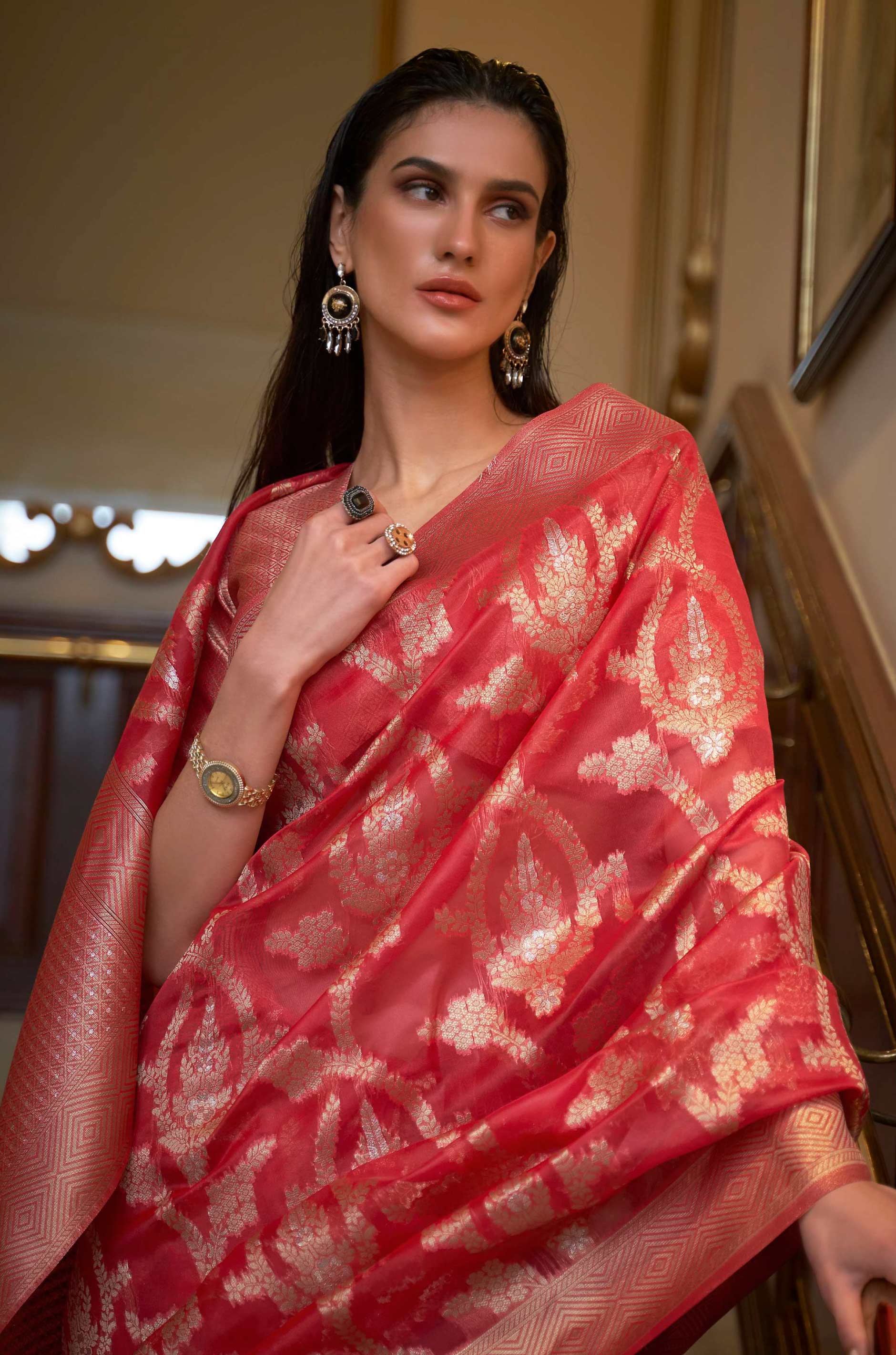 Deep Orange Organza Woven Saree - Image 5