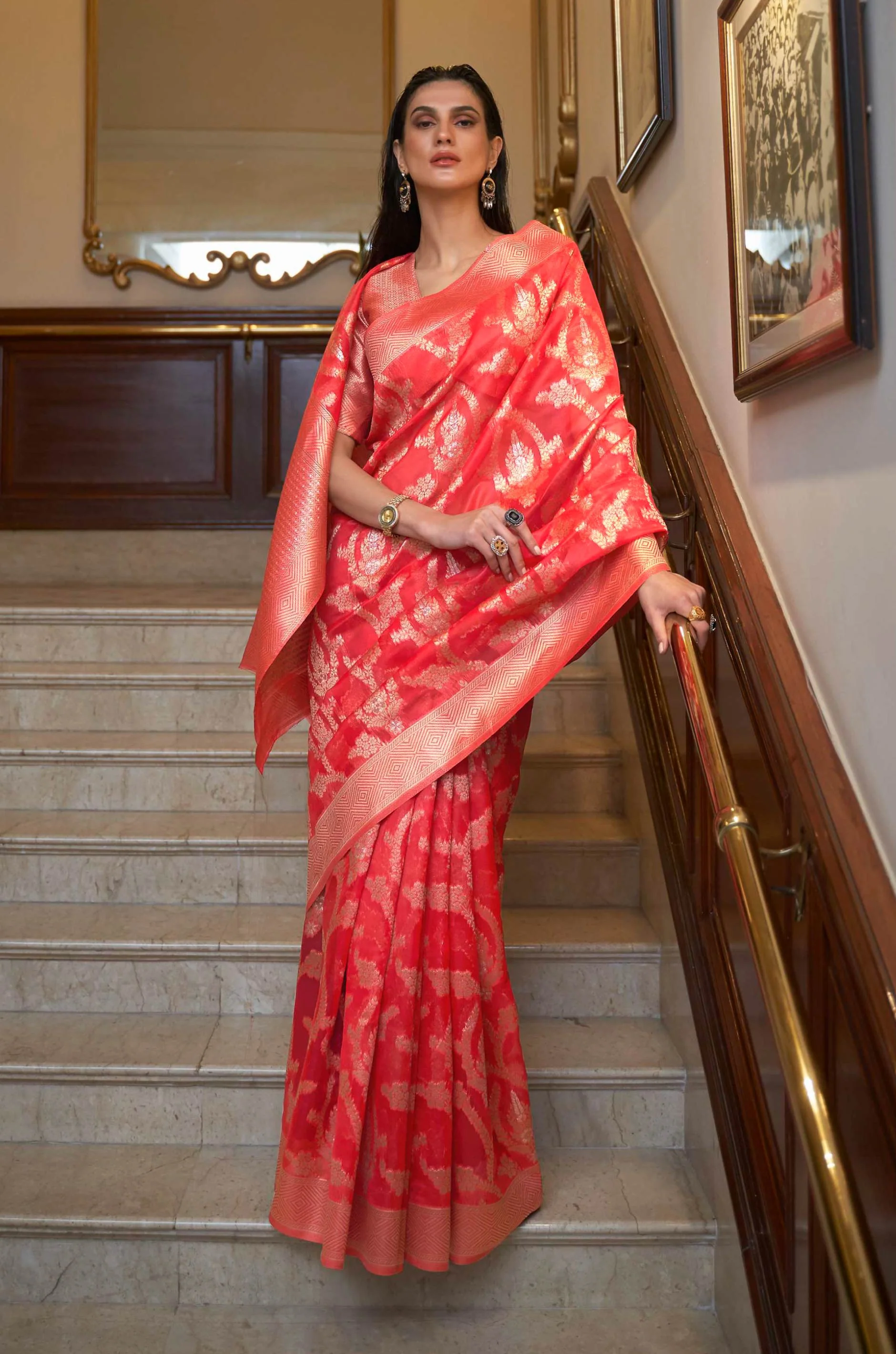 Deep Orange Organza Woven Saree - Image 6