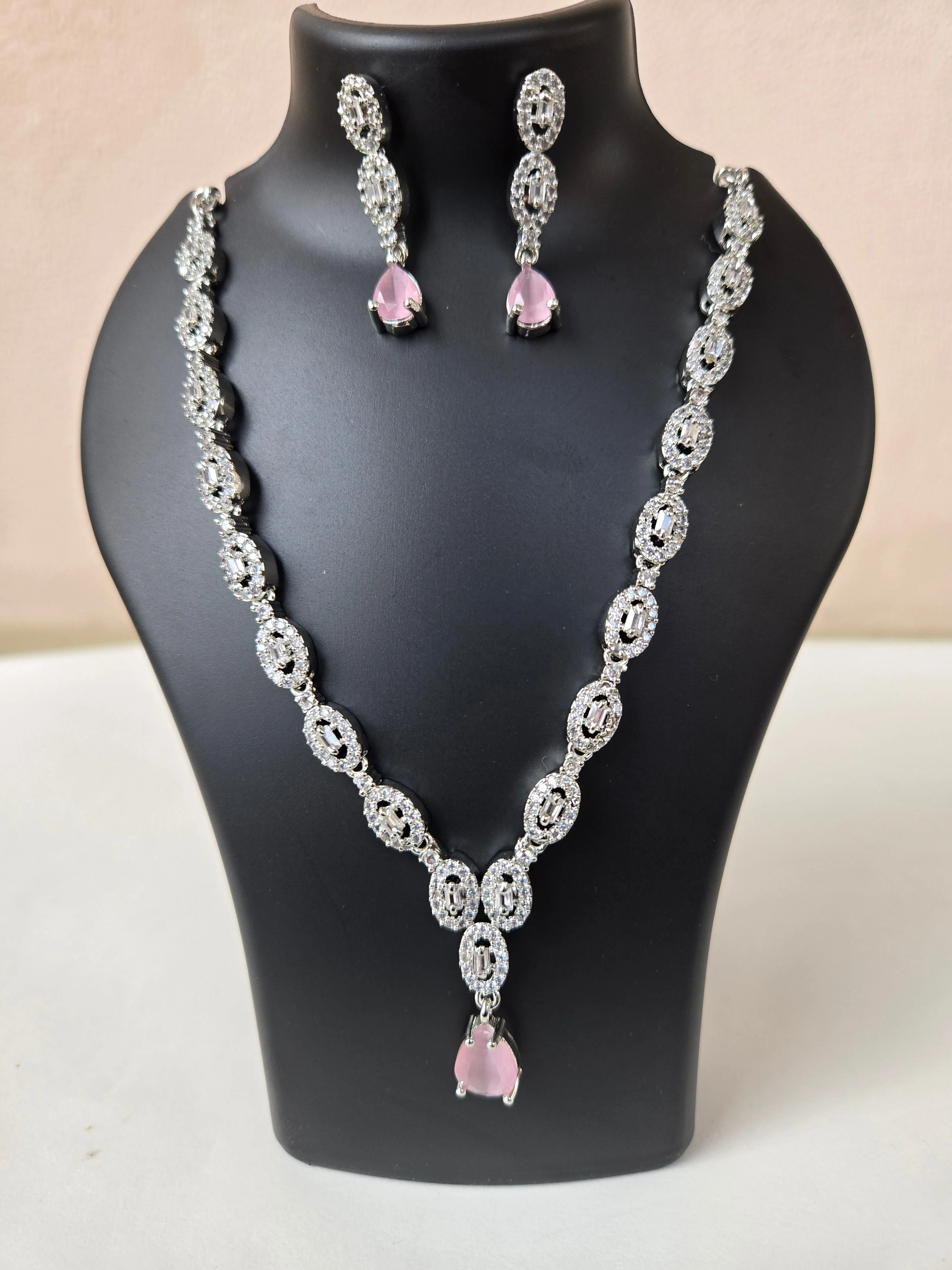 Deepika Inspired Necklace - Silver-Toned CZ Necklace Set - Pink - Image 3