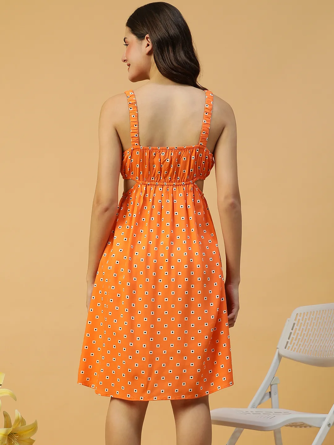 Delighted Orange Printed Elasticated Sleeveless Cut Out Women Dress - Image 3