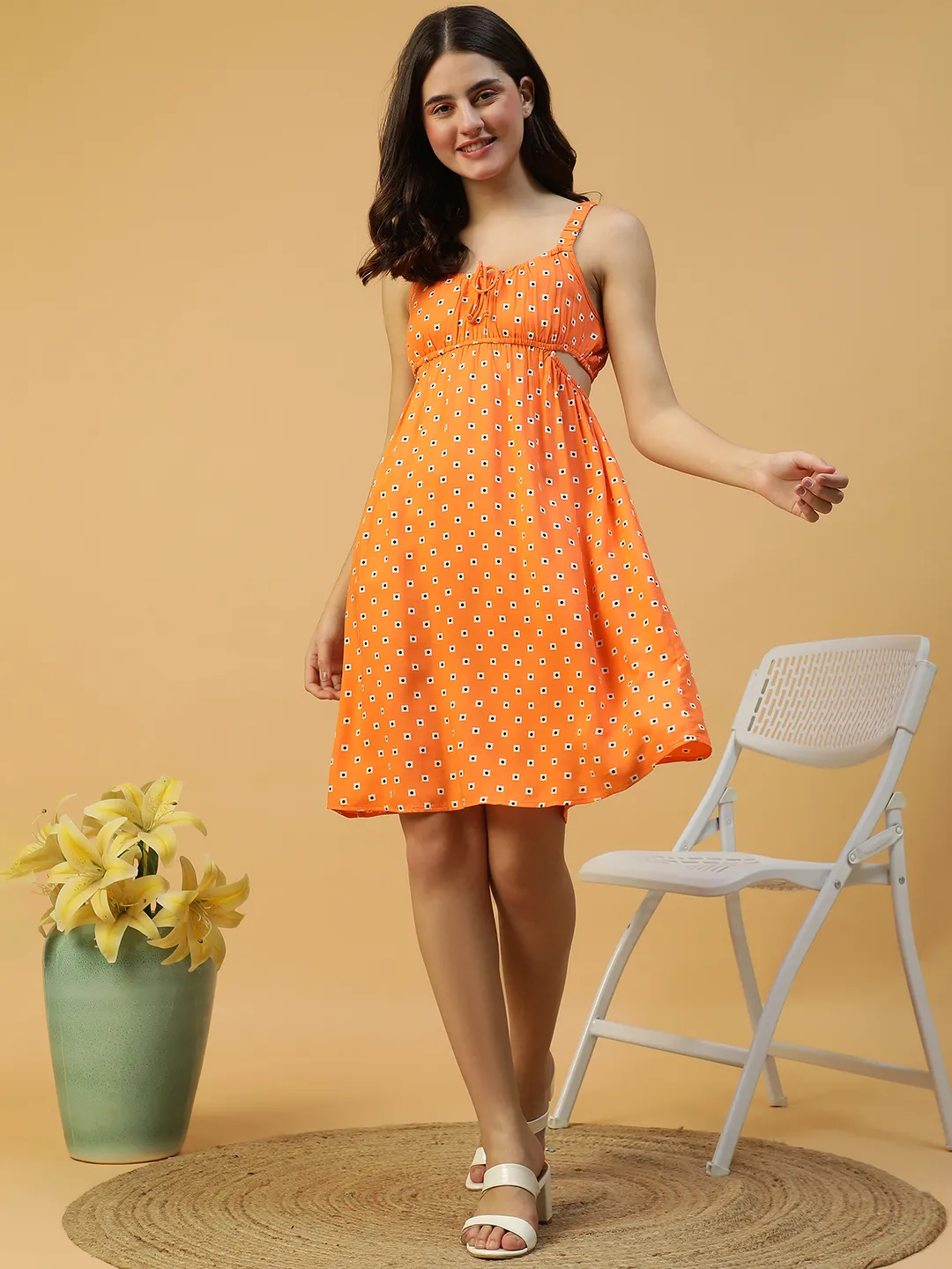 Delighted Orange Printed Elasticated Sleeveless Cut Out Women Dress - Image 6