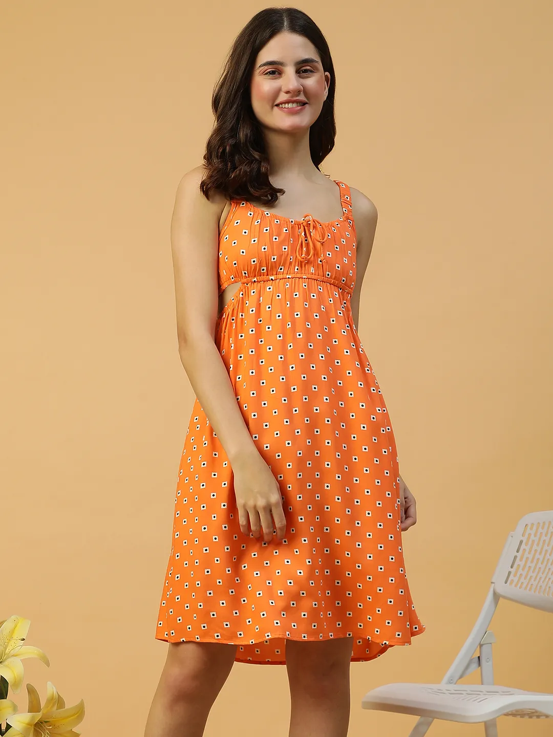 Delighted Orange Printed Elasticated Sleeveless Cut Out Women Dress - Image 7