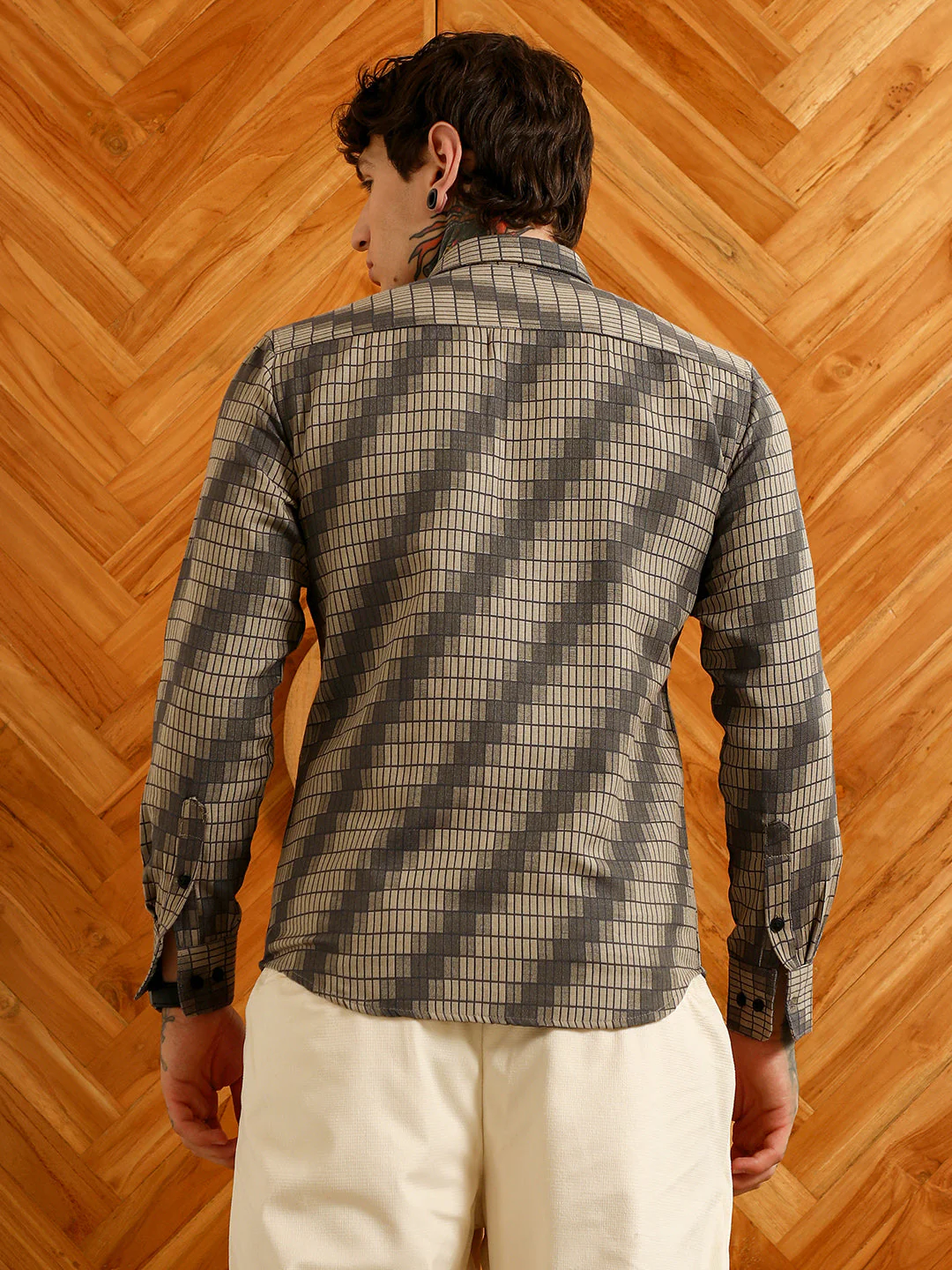 Diagonal Check Slim Fit Shirt - Cotton Polyester Blend - Image 4