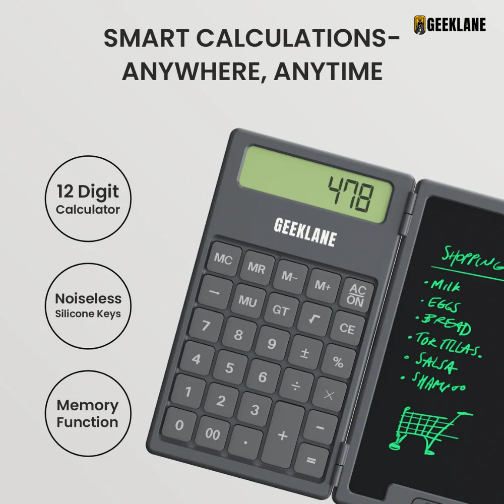 DigiFold:  2-in-1 Foldable Calculator & LCD Writing Pad – 12-Digit Pocket Calculator with 6.5-Inch Screen & Stylus for Office, School & On-the-Go Use - Image 3