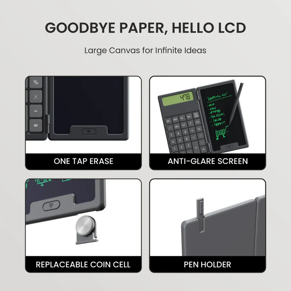 DigiFold:  2-in-1 Foldable Calculator & LCD Writing Pad – 12-Digit Pocket Calculator with 6.5-Inch Screen & Stylus for Office, School & On-the-Go Use - Image 4