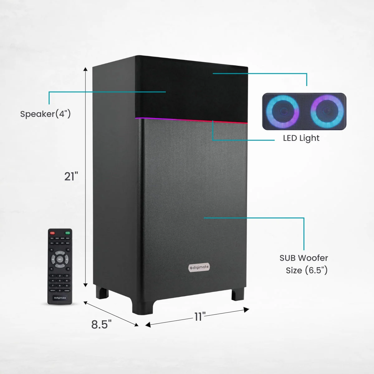 Digimate DG-BB01 Boombox 80 Watt Powerful Tower Speaker 6.5" Woofer High Power Bass, 4.0" Speaker, AUX, USB, LED Lights+Display, BT+ Wired Karaoke Mic Support, Full Remote Control (Platinum Black) - Image 6