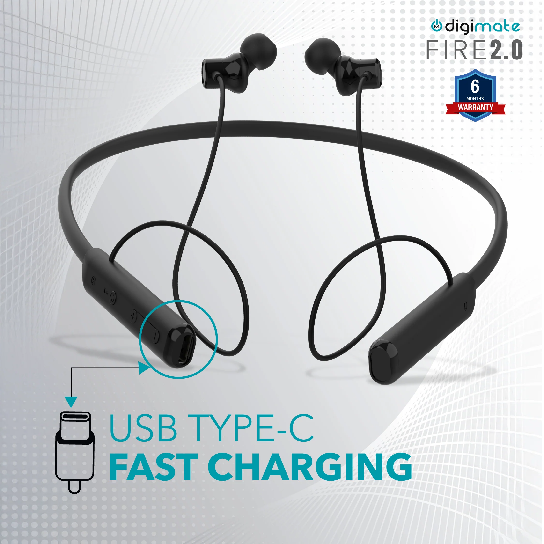 Digimate Fire 2.0 Wireless Neckband with Mic, 30 Hours Playtime, Fast Charging, Hi-Fi Stereo Sound, Bluetooth 5.0, Sweat-Proof (Model DG-NB-1003, Black) - Image 3