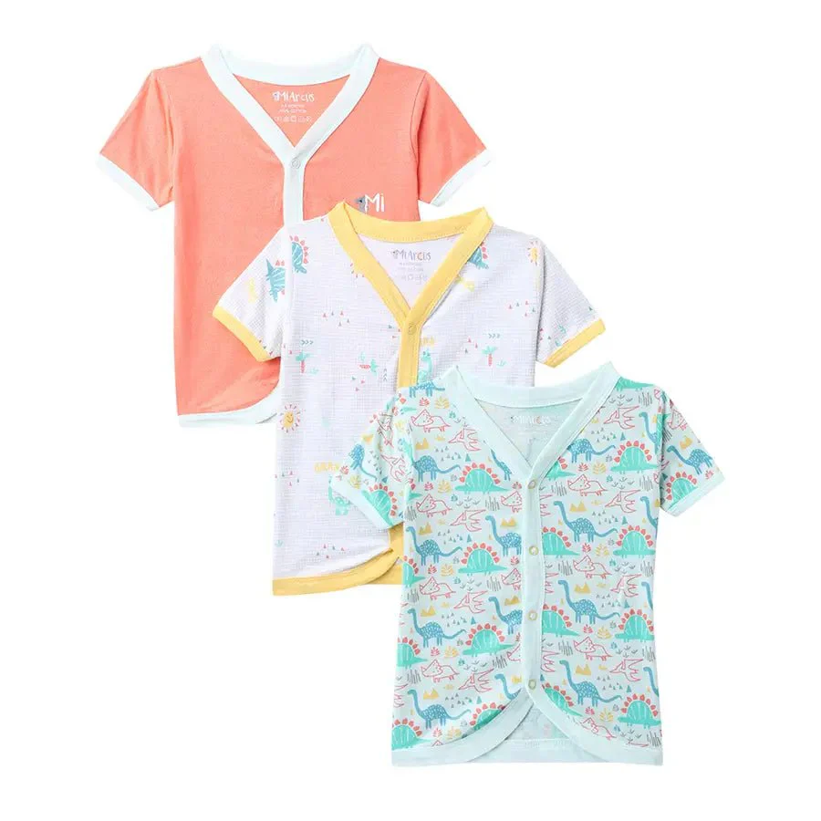 Dino Print Baby Boy Front Open Vest Set (Pack Of 3)