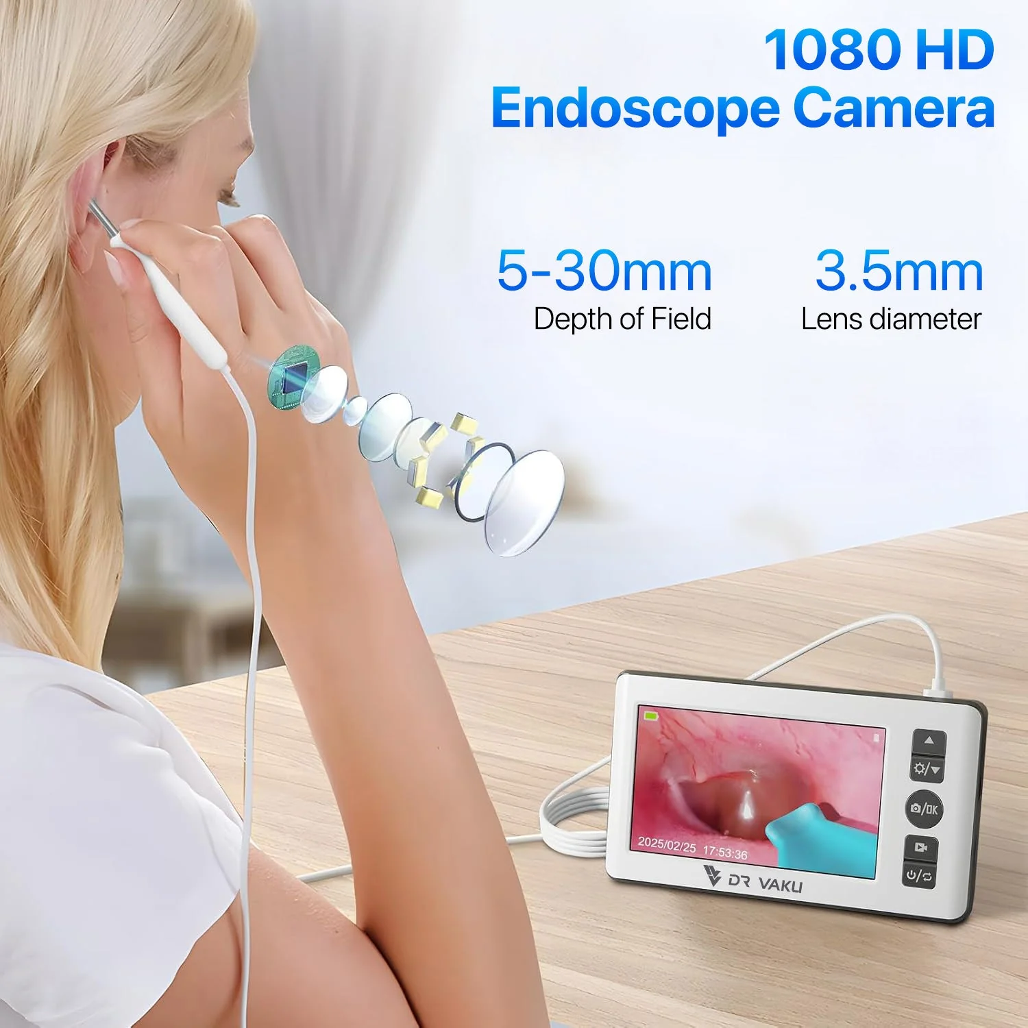DR VAKU ® ENTSIGHT Plus Digital Otoscope Smart Ear Cleaner Inspection Kit with Wired Display Screen HD Camera 6 LED Lights for Nose, Throat, Dental, Skin Video Recording Monitor + 9 Silicone Tips Free - Image 4