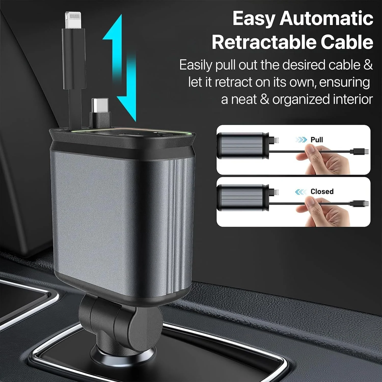 DR VAKU® 4 in 1 Car Charger 66W Dual USB Port with 31.5-Inch Retractable Cables Car Mobile Laptop Adapter for iPhone 16/15/14/13 etc, Samsung All Series, Tablets, & Android Smartphones - Image 4