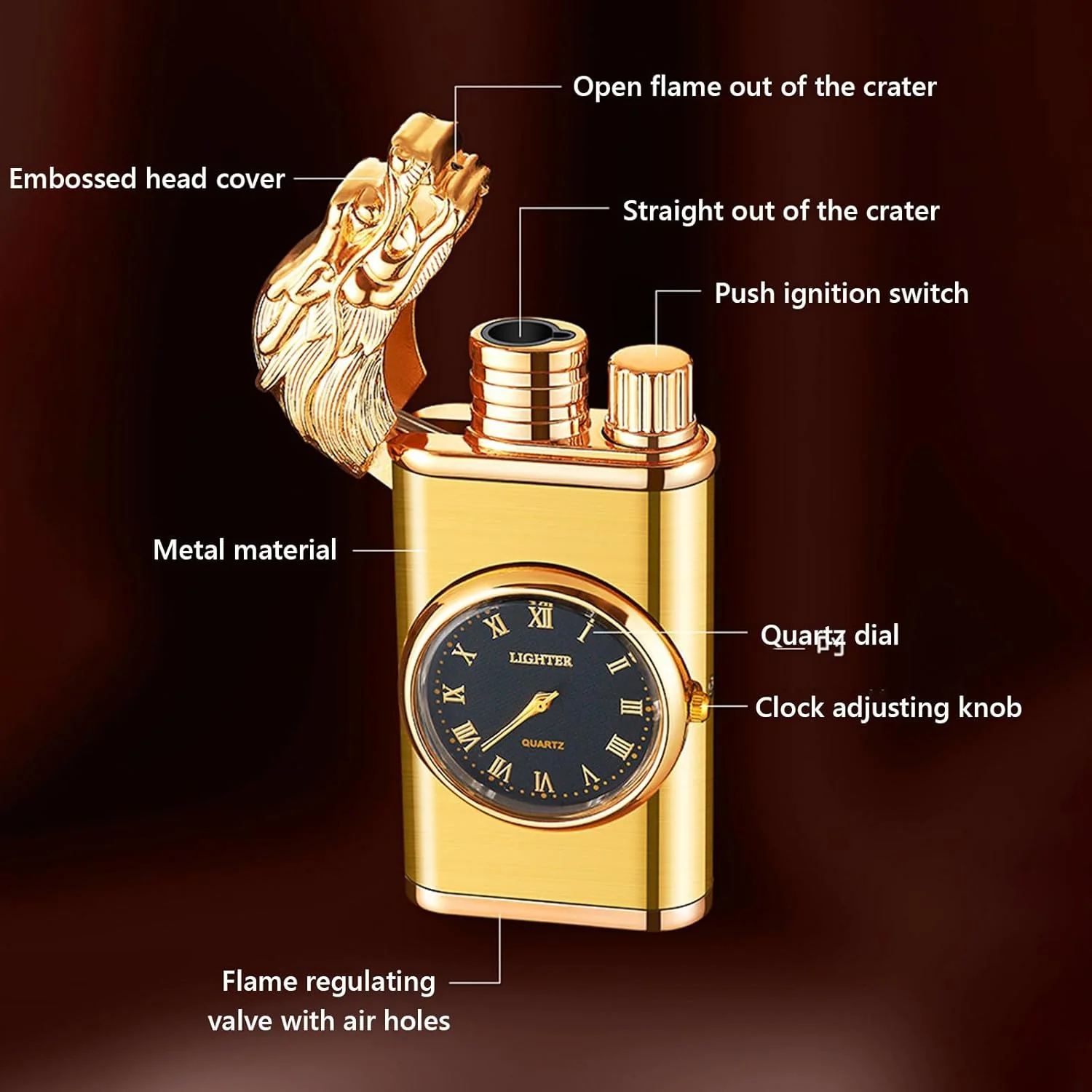 Draco: Windproof Dual Flame Refillable Lighter with Built-in Watch, Dragon Embossed Design & Bold Metal Finish for Collectors & Gifting - Image 7