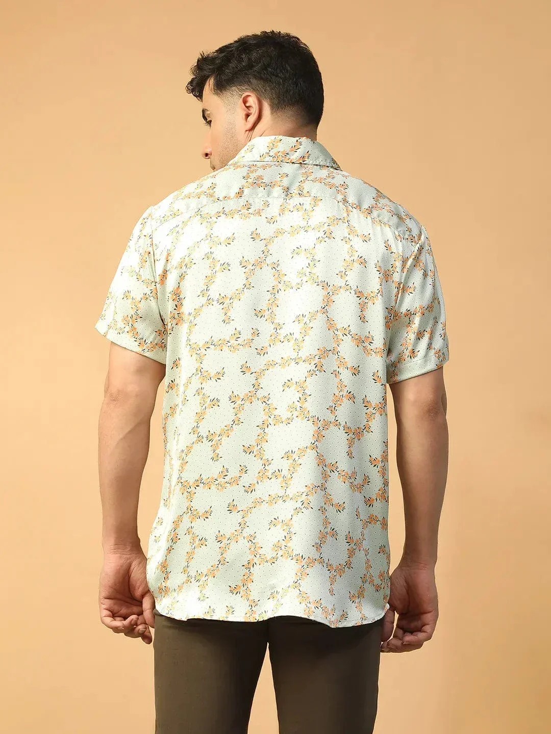 Drip Green Floral Print Collared Short Sleeve Men Oversized Satin Shirt - Image 6