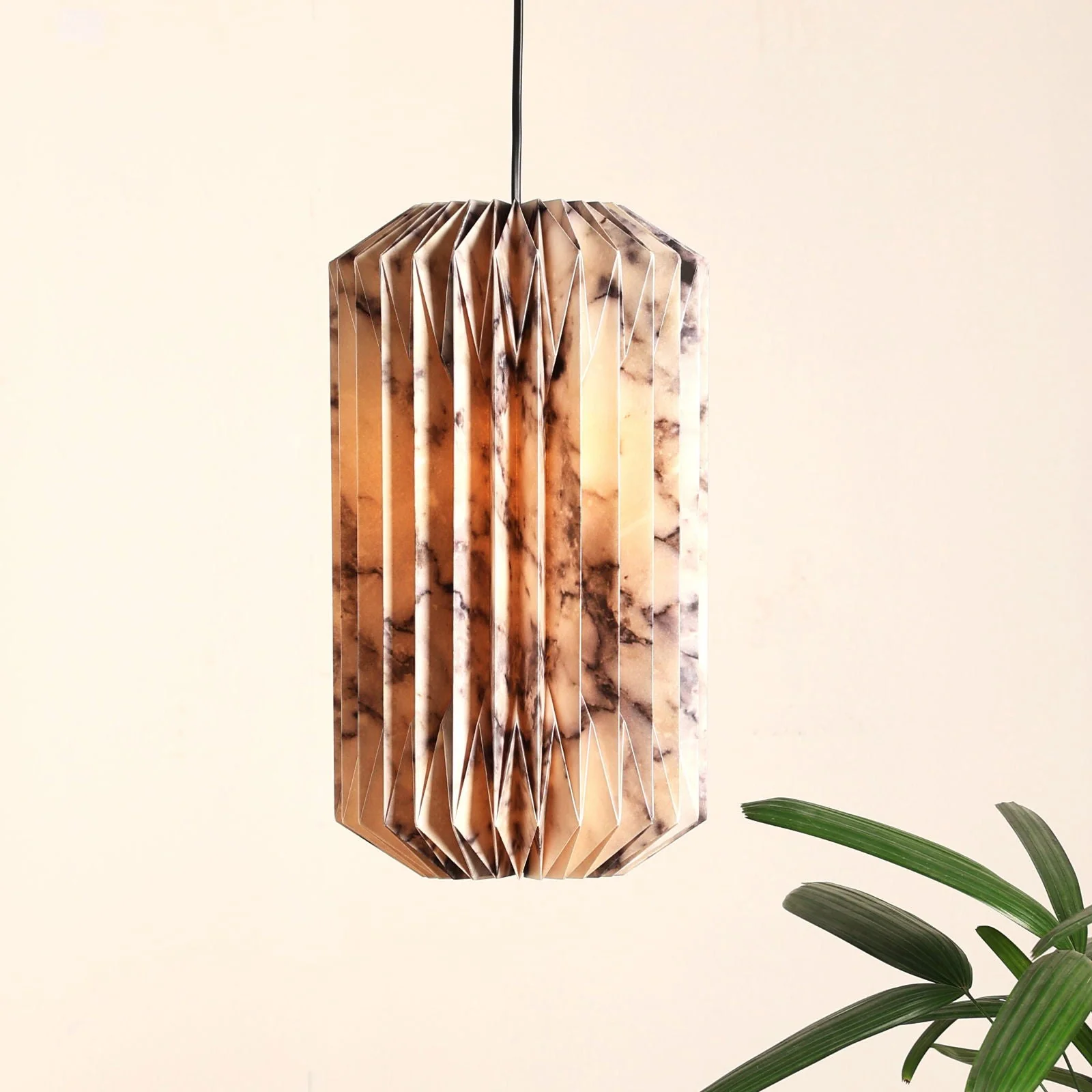 Drum Pendant Lamp (Marble Print) - Marble Printed Origami Pendant Light, Origami Hanging Light - Image 2