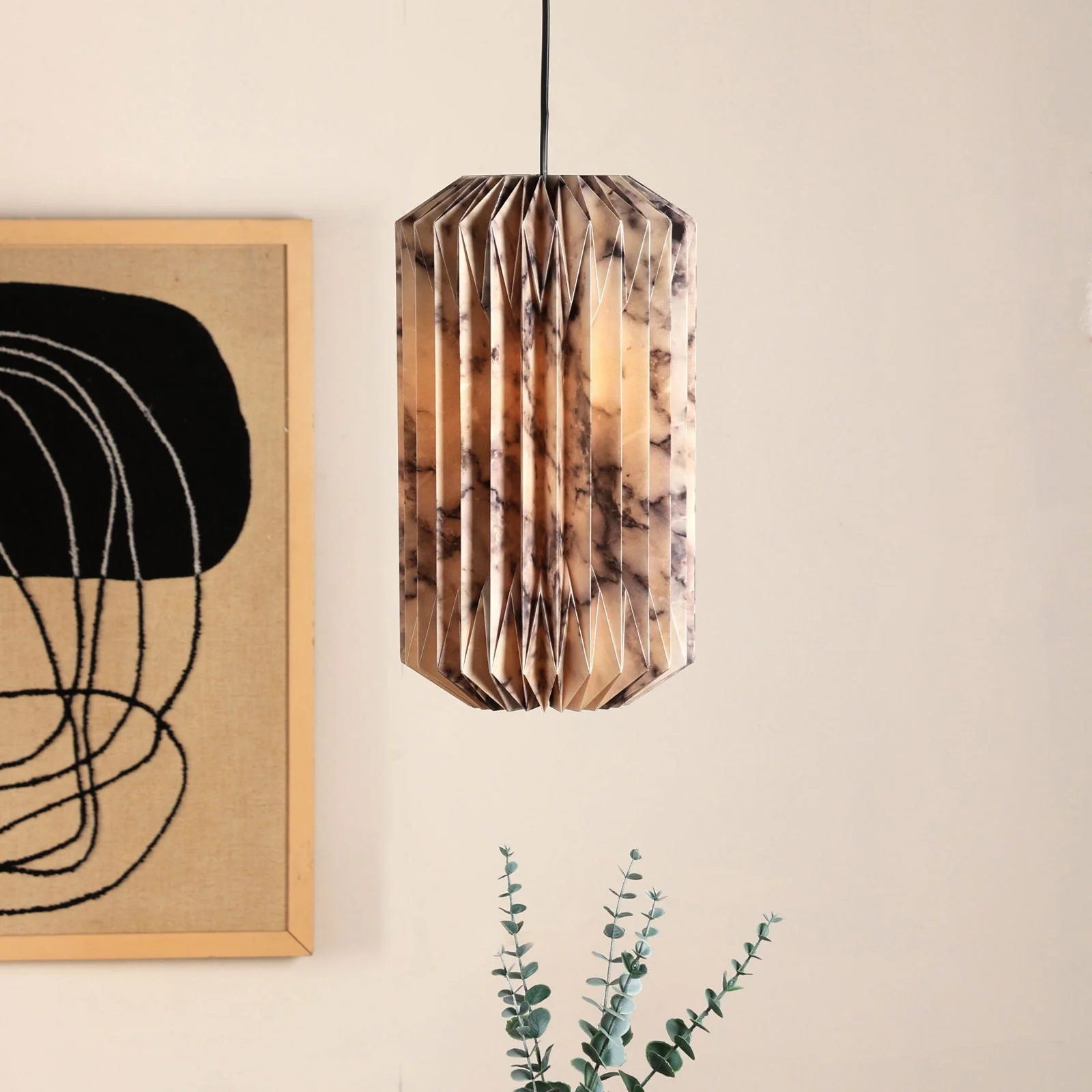 Drum Pendant Lamp (Marble Print) - Marble Printed Origami Pendant Light, Origami Hanging Light - Image 3