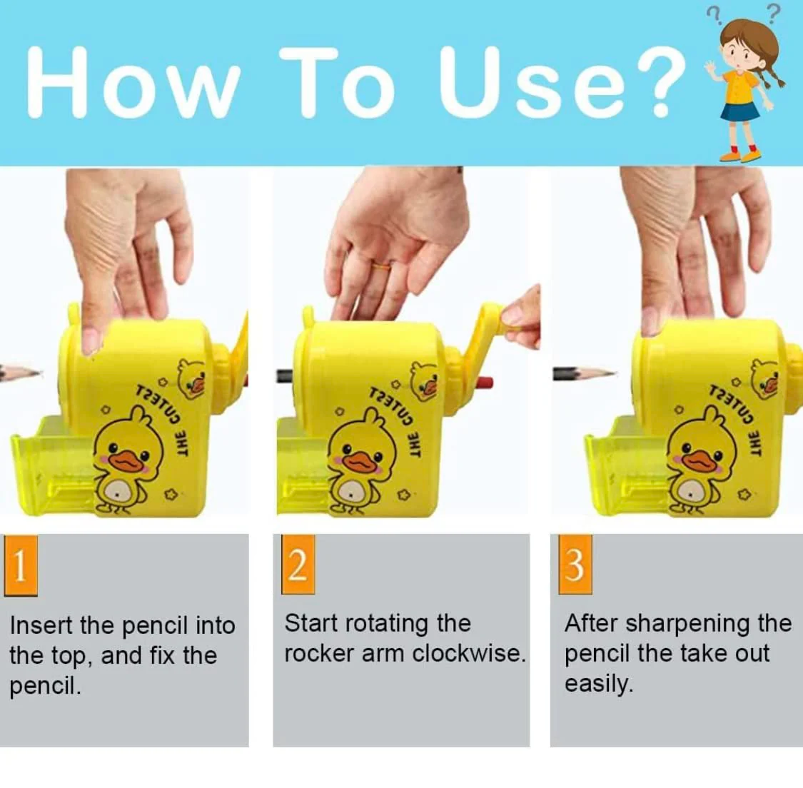 Duckoo: Cute Duck-Shaped Crank Pencil Sharpener for Kids, Handheld Stationery Tool for School Desks, Birthday Return Gifts & Classroom Supplies - Image 3