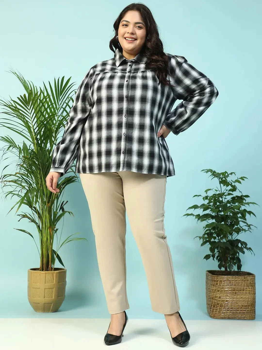 Dusky Black Yarn-Dyed Check Print Collared Long Sleeve Button Down Plus Size Women Cotton Shirt - Image 2